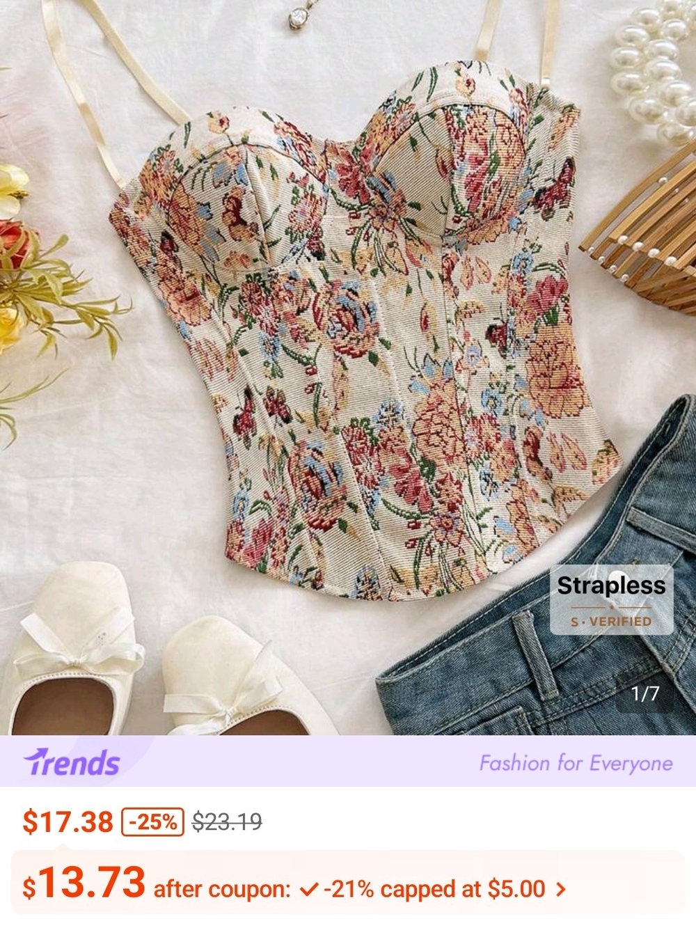 Floral Bustier Crop Top in Cream and Pink - Trendy Women's Top